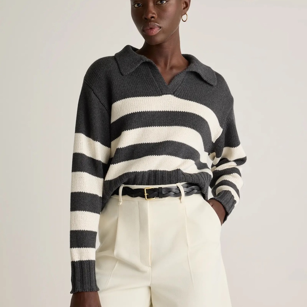 Quince Charcoal and Cream Striped V-Neck Sweater organic Cotton